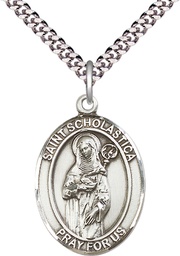 [7099SS/24S] Sterling Silver Saint Scholastica Pendant on a 24 inch Light Rhodium Heavy Curb chain