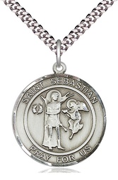 [7100RDSS/24S] Sterling Silver Saint Sebastian Pendant on a 24 inch Light Rhodium Heavy Curb chain