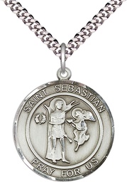 [7100RDSS/24S] Sterling Silver Saint Sebastian Pendant on a 24 inch Light Rhodium Heavy Curb chain
