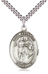 [7100SS/24S] Sterling Silver Saint Sebastian Pendant on a 24 inch Light Rhodium Heavy Curb chain