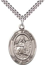 [7449SS/24S] Sterling Silver Saint Ephrem Pendant on a 24 inch Light Rhodium Heavy Curb chain