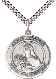 [7106RDSPSS/24S] Sterling Silver Santa Teresita Pendant on a 24 inch Light Rhodium Heavy Curb chain