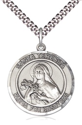 [7106RDSPSS/24S] Sterling Silver Santa Teresita Pendant on a 24 inch Light Rhodium Heavy Curb chain