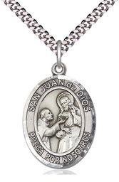 [7112SPSS/24S] Sterling Silver San Juan de Dios Pendant on a 24 inch Light Rhodium Heavy Curb chain