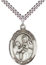 [7112SS/24S] Sterling Silver Saint John of God Pendant on a 24 inch Light Rhodium Heavy Curb chain