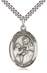 [7112SS/24S] Sterling Silver Saint John of God Pendant on a 24 inch Light Rhodium Heavy Curb chain