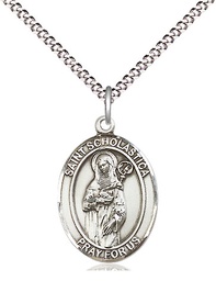[8099SS/18S] Sterling Silver Saint Scholastica Pendant on a 18 inch Light Rhodium Light Curb chain