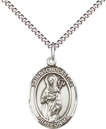 [8099SS/18S] Sterling Silver Saint Scholastica Pendant on a 18 inch Light Rhodium Light Curb chain
