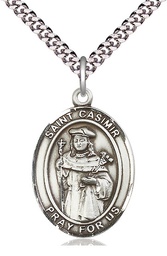 [7113SS/24S] Sterling Silver Saint Casimir of Poland Pendant on a 24 inch Light Rhodium Heavy Curb chain