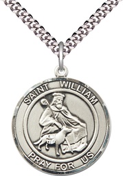 [7114RDSS/24S] Sterling Silver Saint William of Rochester Pendant on a 24 inch Light Rhodium Heavy Curb chain