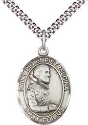 [7125SS/24S] Sterling Silver Saint Pio of Pietrelcina Pendant on a 24 inch Light Rhodium Heavy Curb chain