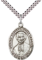 [7131SS/24S] Sterling Silver Saint Marcellin Champagnat Pendant on a 24 inch Light Rhodium Heavy Curb chain