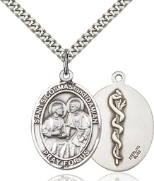 [7132SS8/24S] Sterling Silver Saints Cosmas &amp; Damian Doctors Pendant on a 24 inch Light Rhodium Heavy Curb chain