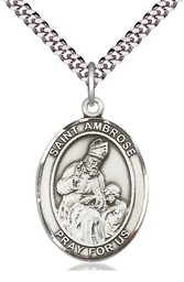 [7137SS/24S] Sterling Silver Saint Ambrose Pendant on a 24 inch Light Rhodium Heavy Curb chain