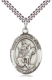 [7200SS/24S] Sterling Silver Saint Martin of Tours Pendant on a 24 inch Light Rhodium Heavy Curb chain