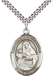 [7203SS/24S] Sterling Silver Saint Madonna Del Ghisallo Pendant on a 24 inch Light Rhodium Heavy Curb chain