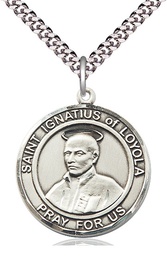 [7217RDSS/24S] Sterling Silver Saint Ignatius of Loyola Pendant on a 24 inch Light Rhodium Heavy Curb chain