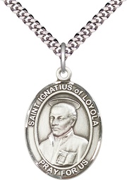 [7217SS/24S] Sterling Silver Saint Ignatius of Loyola Pendant on a 24 inch Light Rhodium Heavy Curb chain