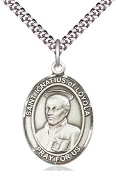 [7217SS/24S] Sterling Silver Saint Ignatius of Loyola Pendant on a 24 inch Light Rhodium Heavy Curb chain
