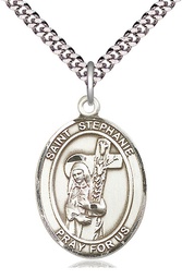[7228SS/24S] Sterling Silver Saint Stephanie Pendant on a 24 inch Light Rhodium Heavy Curb chain