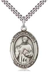 [7240SS/24S] Sterling Silver Saint Placidus Pendant on a 24 inch Light Rhodium Heavy Curb chain