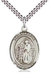 [7254SS/24S] Sterling Silver Saint Aaron Pendant on a 24 inch Light Rhodium Heavy Curb chain