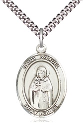 [7259SS/24S] Sterling Silver Saint Samuel Pendant on a 24 inch Light Rhodium Heavy Curb chain