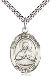 [7282SS/24S] Sterling Silver Saint John Vianney Pendant on a 24 inch Light Rhodium Heavy Curb chain