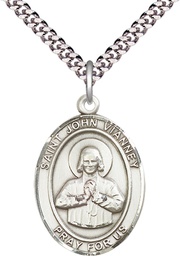 [7282SS/24S] Sterling Silver Saint John Vianney Pendant on a 24 inch Light Rhodium Heavy Curb chain