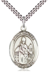 [7285SS/24S] Sterling Silver Saint Walter of Pontnoise Pendant on a 24 inch Light Rhodium Heavy Curb chain