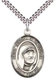 [7295SS/24S] Sterling Silver Saint Teresa of Calcutta Pendant on a 24 inch Light Rhodium Heavy Curb chain
