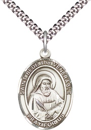 [7302SS/24S] Sterling Silver Saint Bede the Venerable Pendant on a 24 inch Light Rhodium Heavy Curb chain