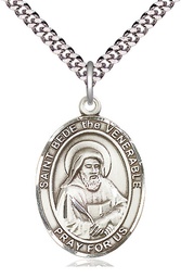 [7302SS/24S] Sterling Silver Saint Bede the Venerable Pendant on a 24 inch Light Rhodium Heavy Curb chain