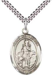 [7325SS/24S] Sterling Silver Saint Cornelius Pendant on a 24 inch Light Rhodium Heavy Curb chain