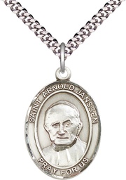 [7328SS/24S] Sterling Silver Saint Arnold Janssen Pendant on a 24 inch Light Rhodium Heavy Curb chain