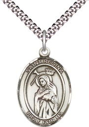 [7335SS/24S] Sterling Silver Saint Regina Pendant on a 24 inch Light Rhodium Heavy Curb chain
