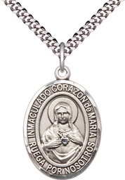[7337SPSS/24S] Sterling Silver Corazon Inmaculado de Maria Pendant on a 24 inch Light Rhodium Heavy Curb chain