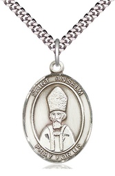 [7342SS/24S] Sterling Silver Saint Anselm of Canterbury Pendant on a 24 inch Light Rhodium Heavy Curb chain
