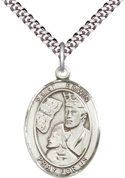 [7361SS/24S] Sterling Silver Saint Edwin Pendant on a 24 inch Light Rhodium Heavy Curb chain