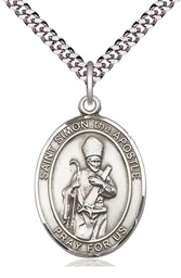 [7375SS/24S] Sterling Silver Saint Simon Pendant on a 24 inch Light Rhodium Heavy Curb chain