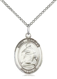 [8020SS/18SS] Sterling Silver Saint Charles Borromeo Pendant on a 18 inch Sterling Silver Light Curb chain