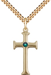 [6008GF-STN5/24G] 14kt Gold Filled Cross Pendant with a 3mm Emerald Swarovski stone on a 24 inch Gold Plate Heavy Curb chain