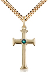 [6008GF-STN5/24G] 14kt Gold Filled Cross Pendant with a 3mm Emerald Swarovski stone on a 24 inch Gold Plate Heavy Curb chain