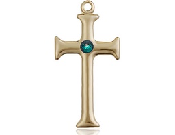 [6008KT-STN5] 14kt Gold Cross Medal with a 3mm Emerald Swarovski stone