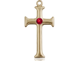 [6008KT-STN7] 14kt Gold Cross Medal with a 3mm Ruby Swarovski stone