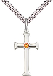 [6008SS-STN11/24S] Sterling Silver Cross Pendant with a 3mm Topaz Swarovski stone on a 24 inch Light Rhodium Heavy Curb chain