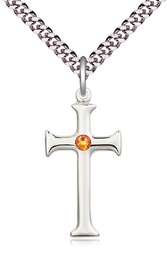 [6008SS-STN11/24S] Sterling Silver Cross Pendant with a 3mm Topaz Swarovski stone on a 24 inch Light Rhodium Heavy Curb chain