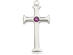 [6008SS-STN2] Sterling Silver Cross Medal with a 3mm Amethyst Swarovski stone