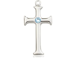 [6008SS-STN3] Sterling Silver Cross Medal with a 3mm Aqua Swarovski stone