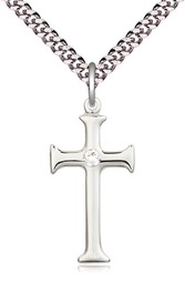 [6008SS-STN4/24S] Sterling Silver Cross Pendant with a 3mm Crystal Swarovski stone on a 24 inch Light Rhodium Heavy Curb chain